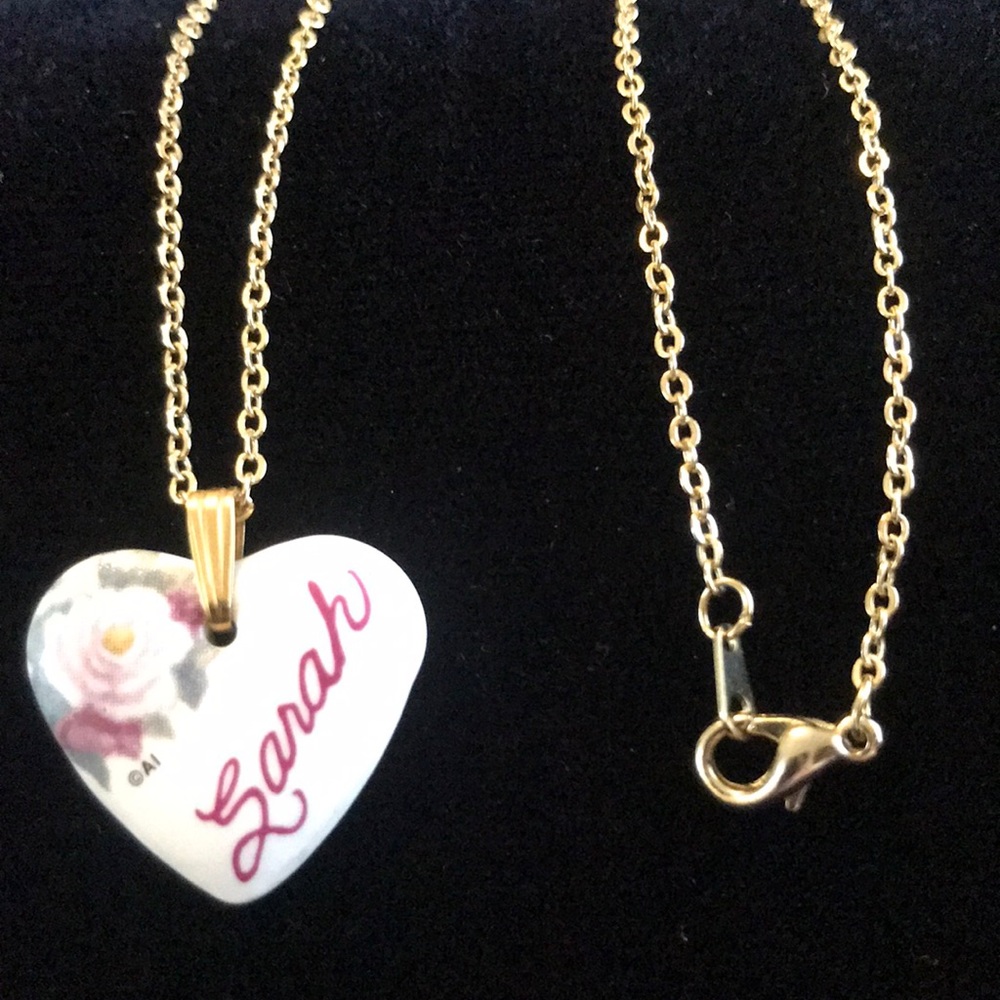 Vintage Ceramic Heart w/ rose and a gold tone necklace.  The name SARAH